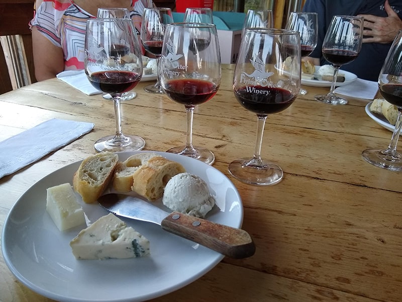 Image of various cheeses and red wines.